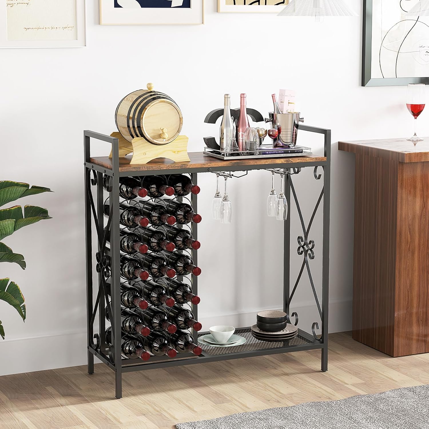 LOKO 21-Bottle Wine Rack with Glass Holder and Metal Frame