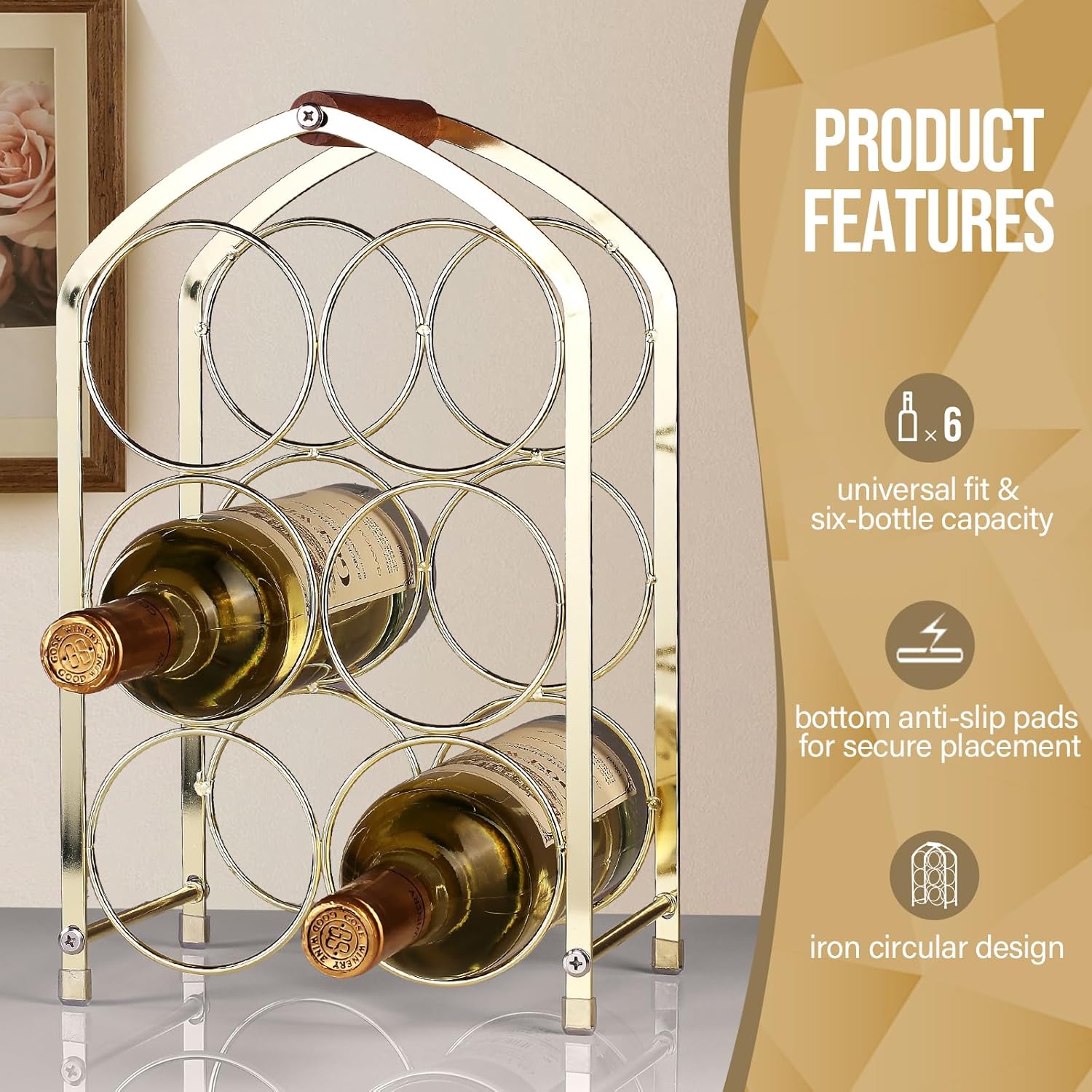 Drincarier 6 Bottle Countertop Wine Rack - Gold Metal 3 Tier Storage Stand