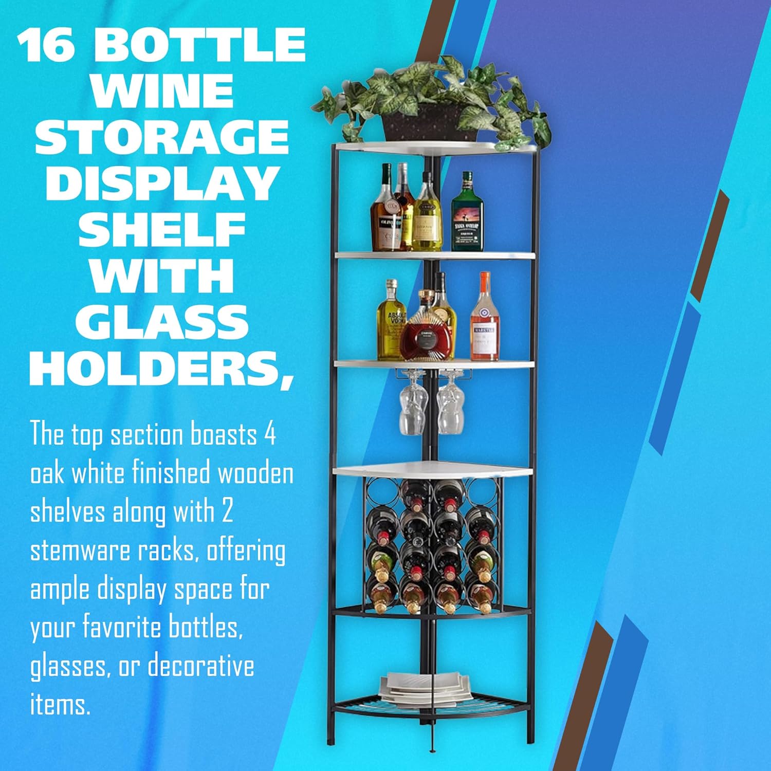 5 Tier Corner Wine Rack with Glass Holder White OakBlack