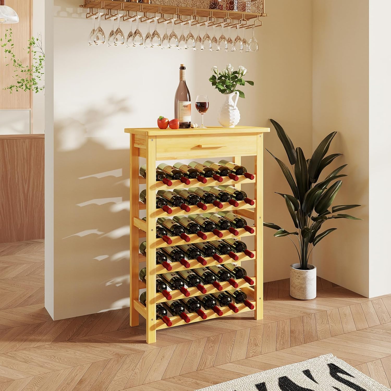 Kinbor 6-Tier Bamboo Wine Rack with Drawer 1