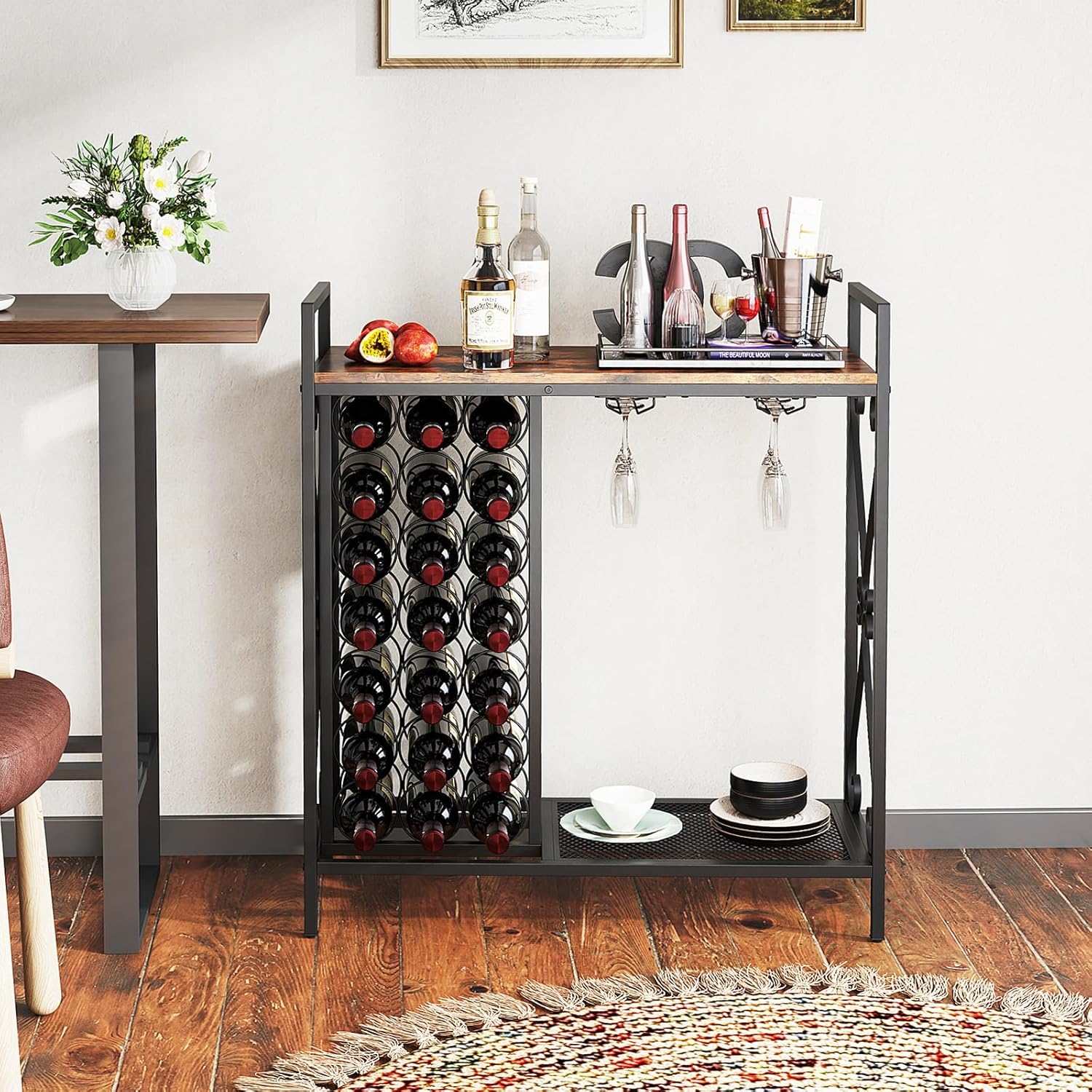 LOKO 21-Bottle Wine Rack with Glass Holder and Metal Frame