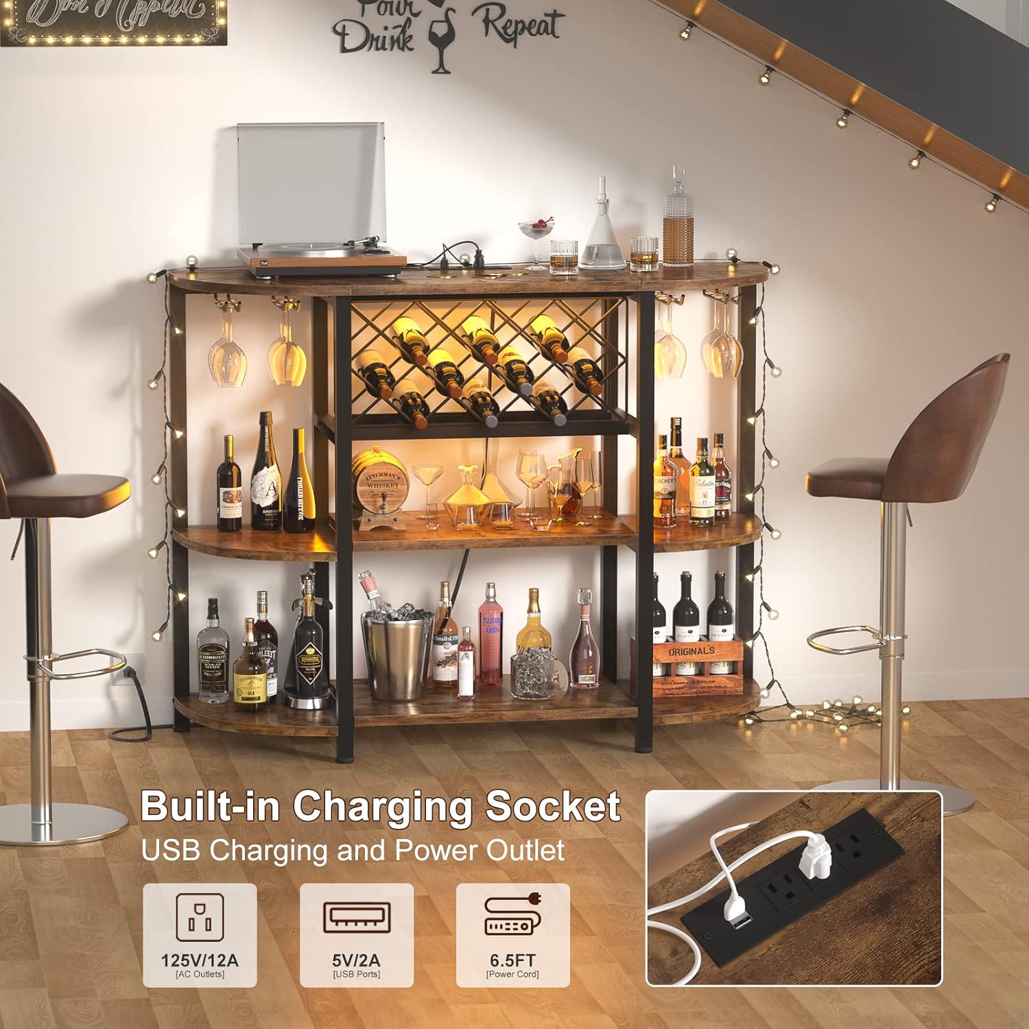 Unikito Freestanding Wine Rack Table with USB and LED Light