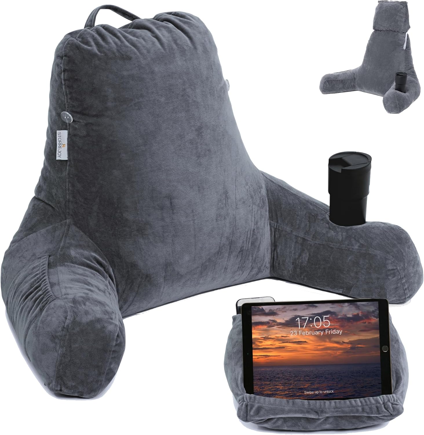 XL Memory Foam Reading Pillow with Armrests and Cup Holder - Charcoal Grey