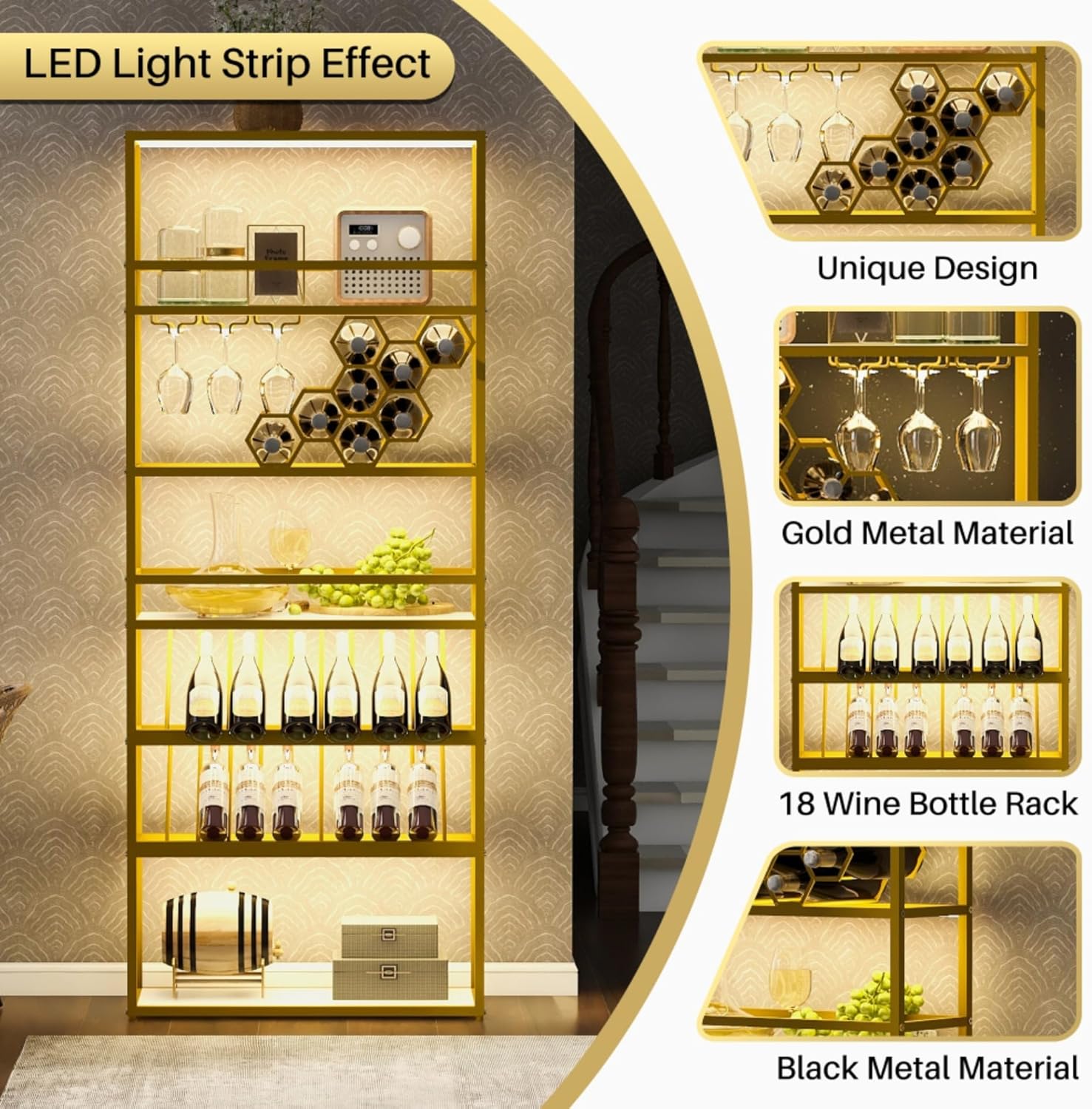 AiStarlink 7-Layer Wine Rack with LED Light and Glass Display 1