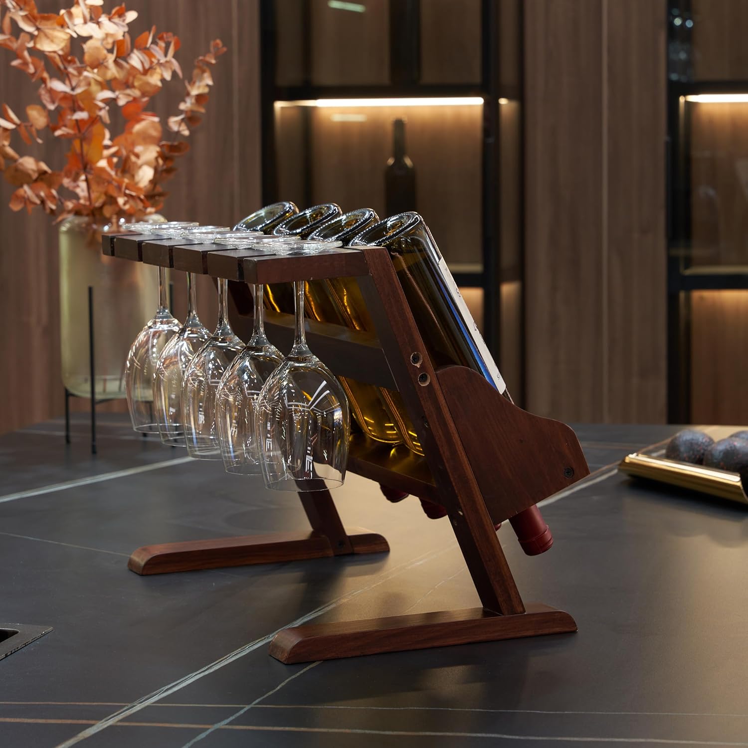 Elegant Solid Wood Wine Rack with Cup Holder