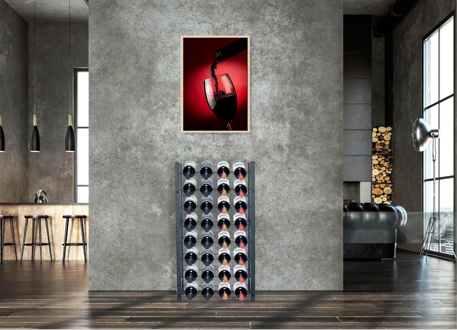 Dntum Wine Rack with Corkscrew - Black Steel 32 Bottles 1