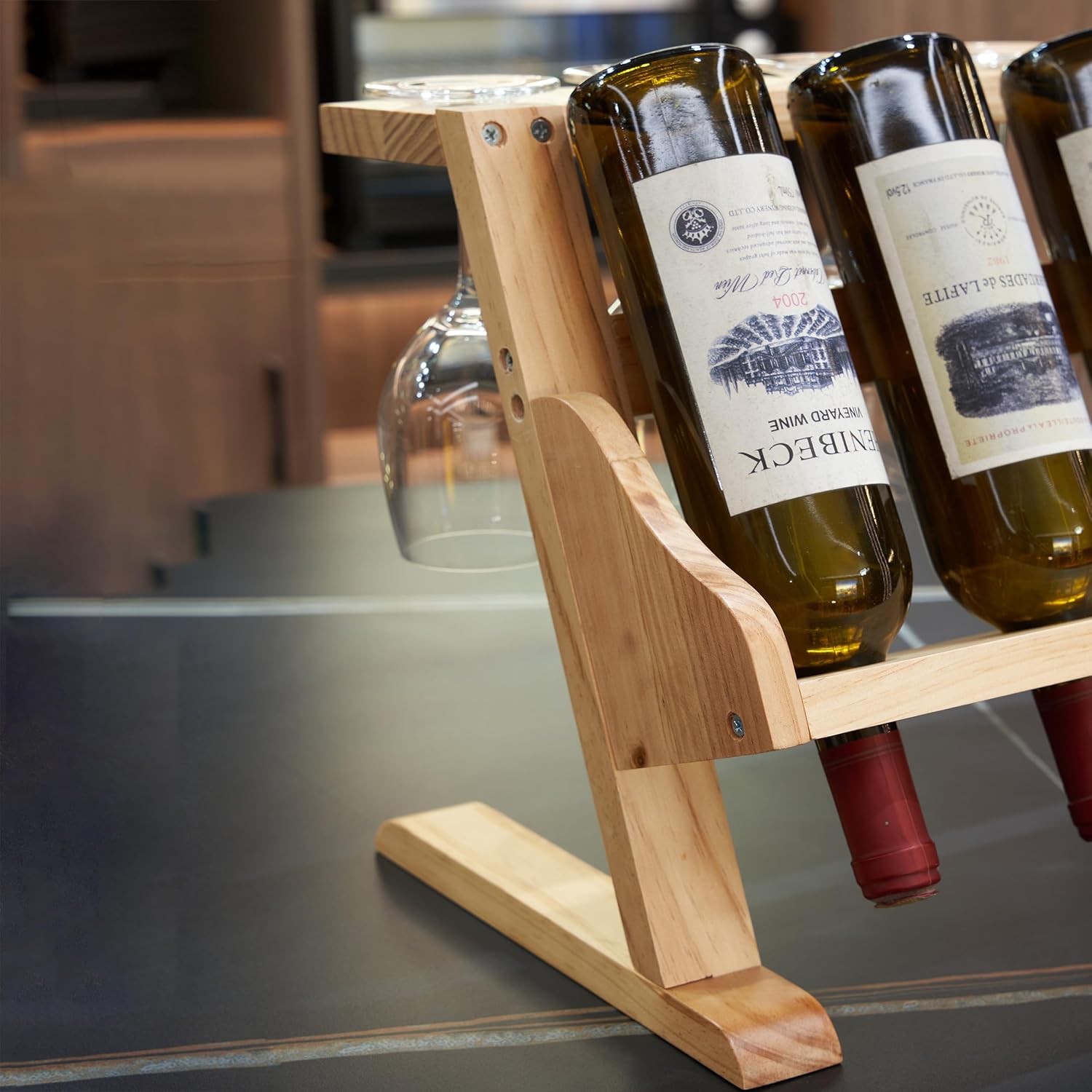 Stylish Pine Wood Wine Rack with Cup Holder