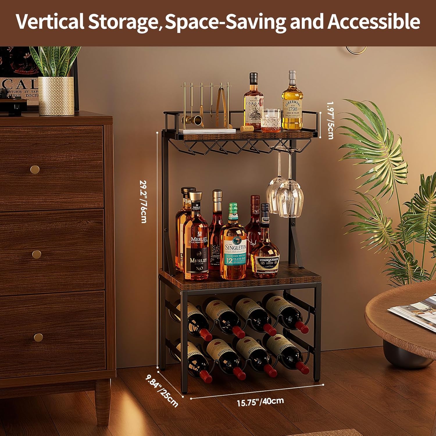 Nuovoware 3-Tier Liquor Cabinet with Wine Rack - Black Retro Brown