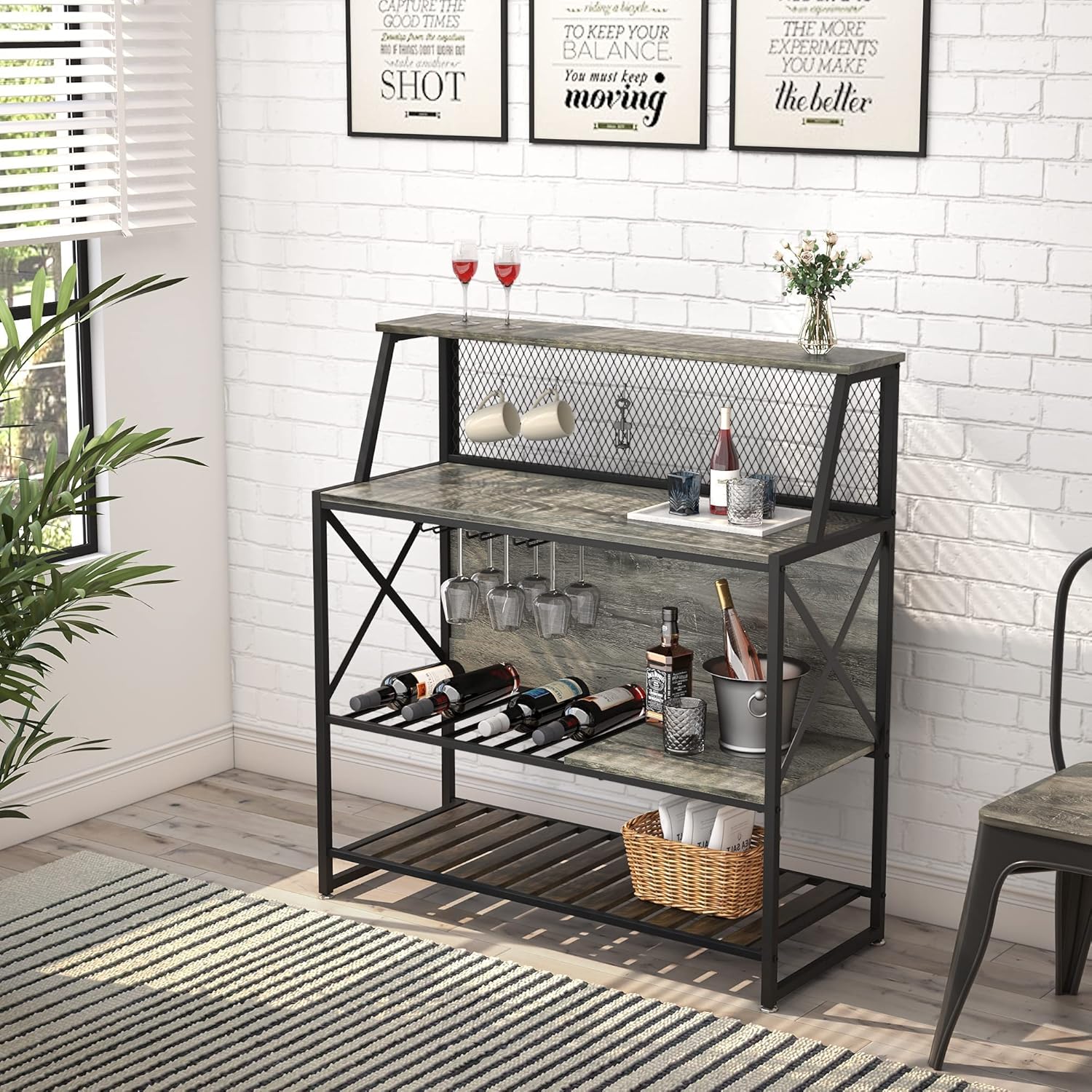 Bestier Freestanding Wine Rack Coffee Bar Table with Storage Gray