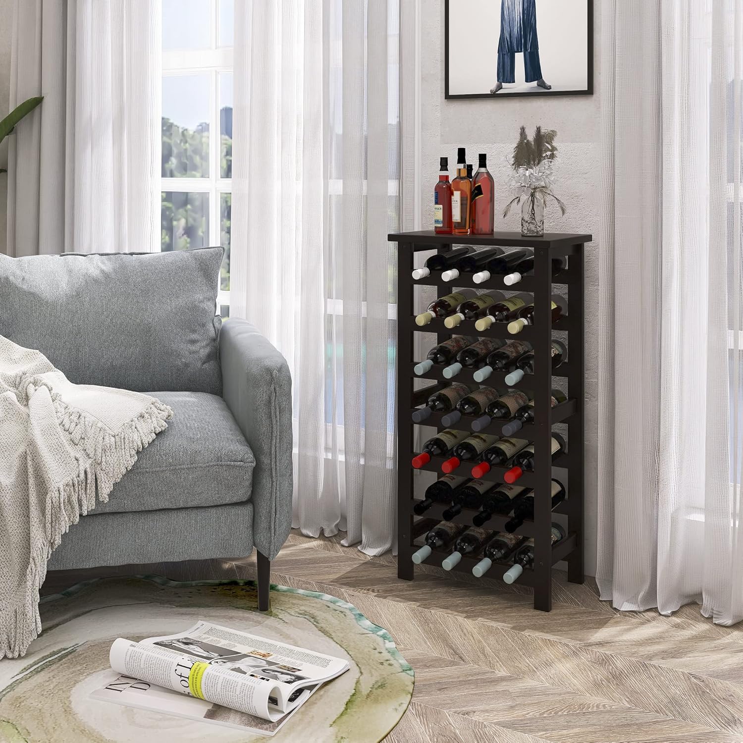 SMIBUY Bamboo Wine Rack 28 Bottles 7-Tier