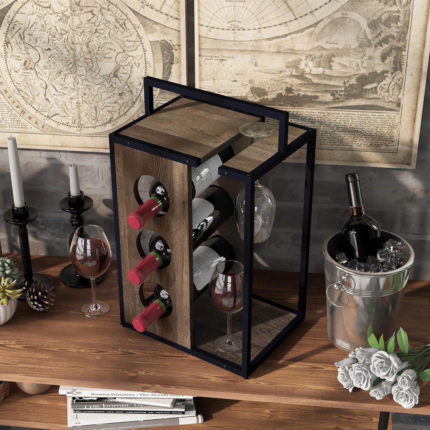 Furniture of America Harvan 3-Bottle Wine Rack in Reclaimed Oak