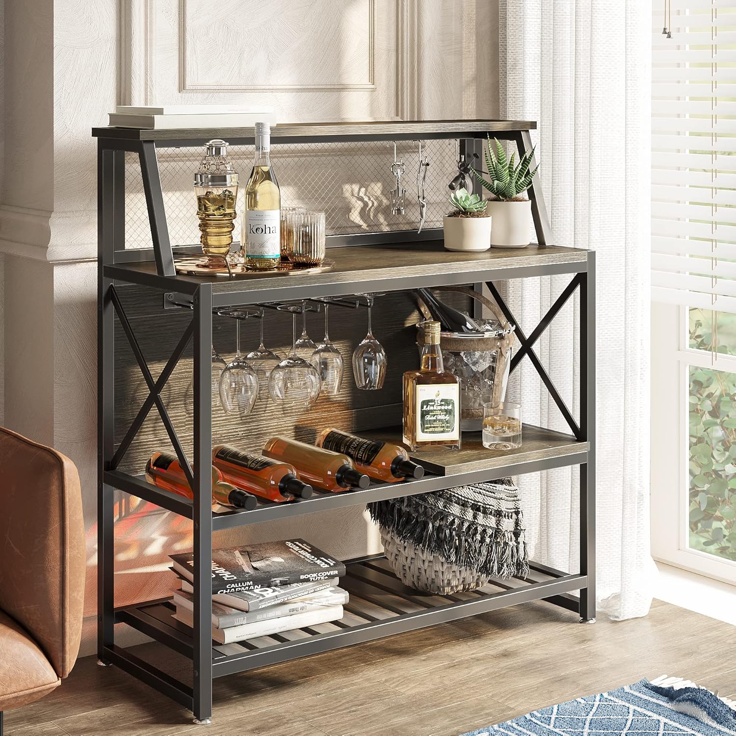 Bestier Freestanding Wine Rack Coffee Bar Table with Storage Gray
