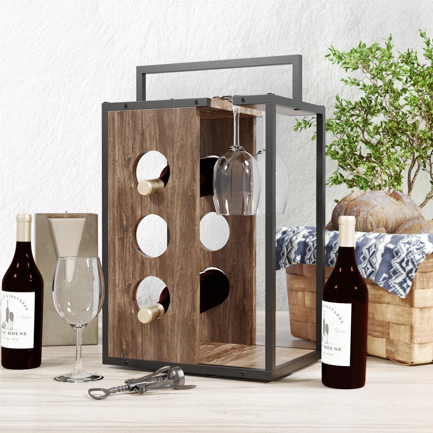 Furniture of America Harvan 3-Bottle Wine Rack in Reclaimed Oak