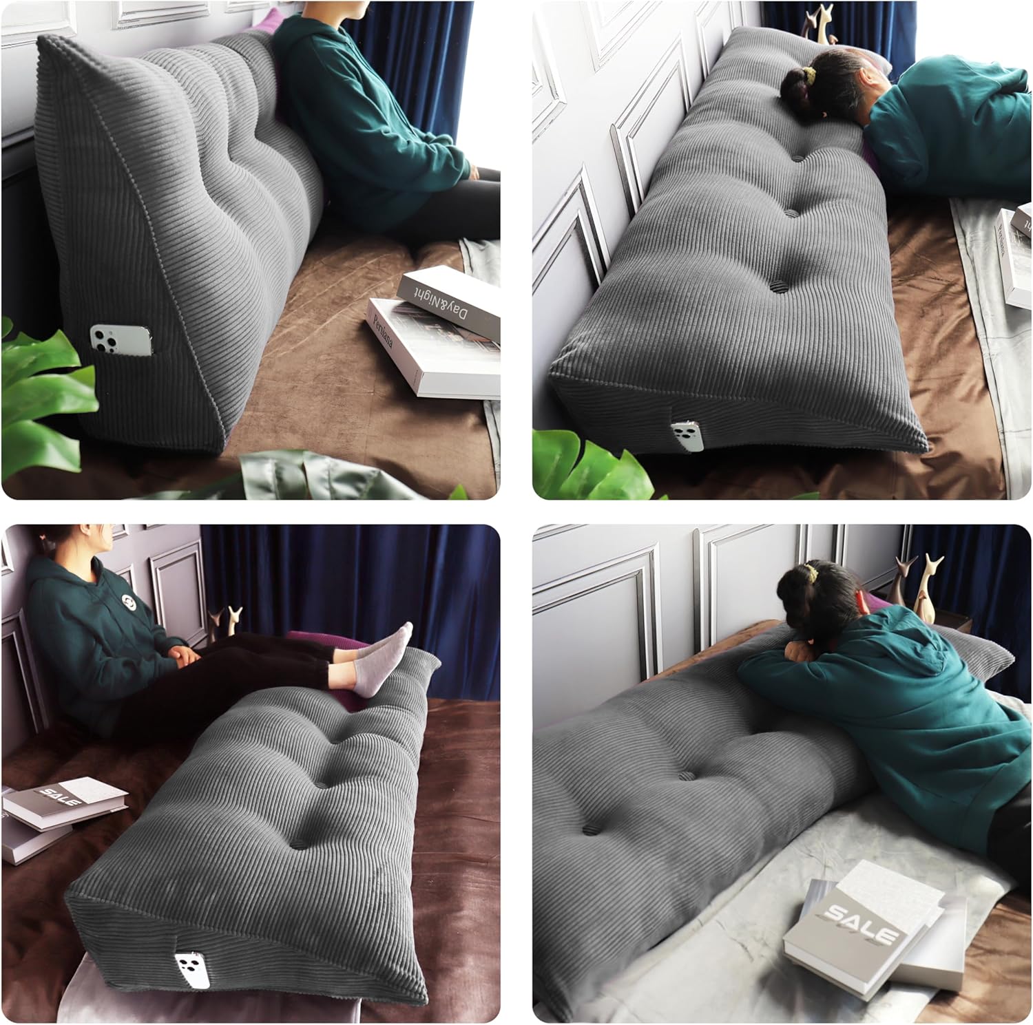 WOWMAX Corduroy Headboard Pillow 100 Cotton Grey California King