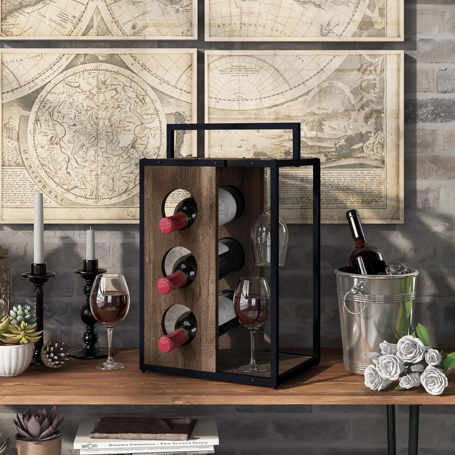 Furniture of America Harvan 3-Bottle Wine Rack in Reclaimed Oak