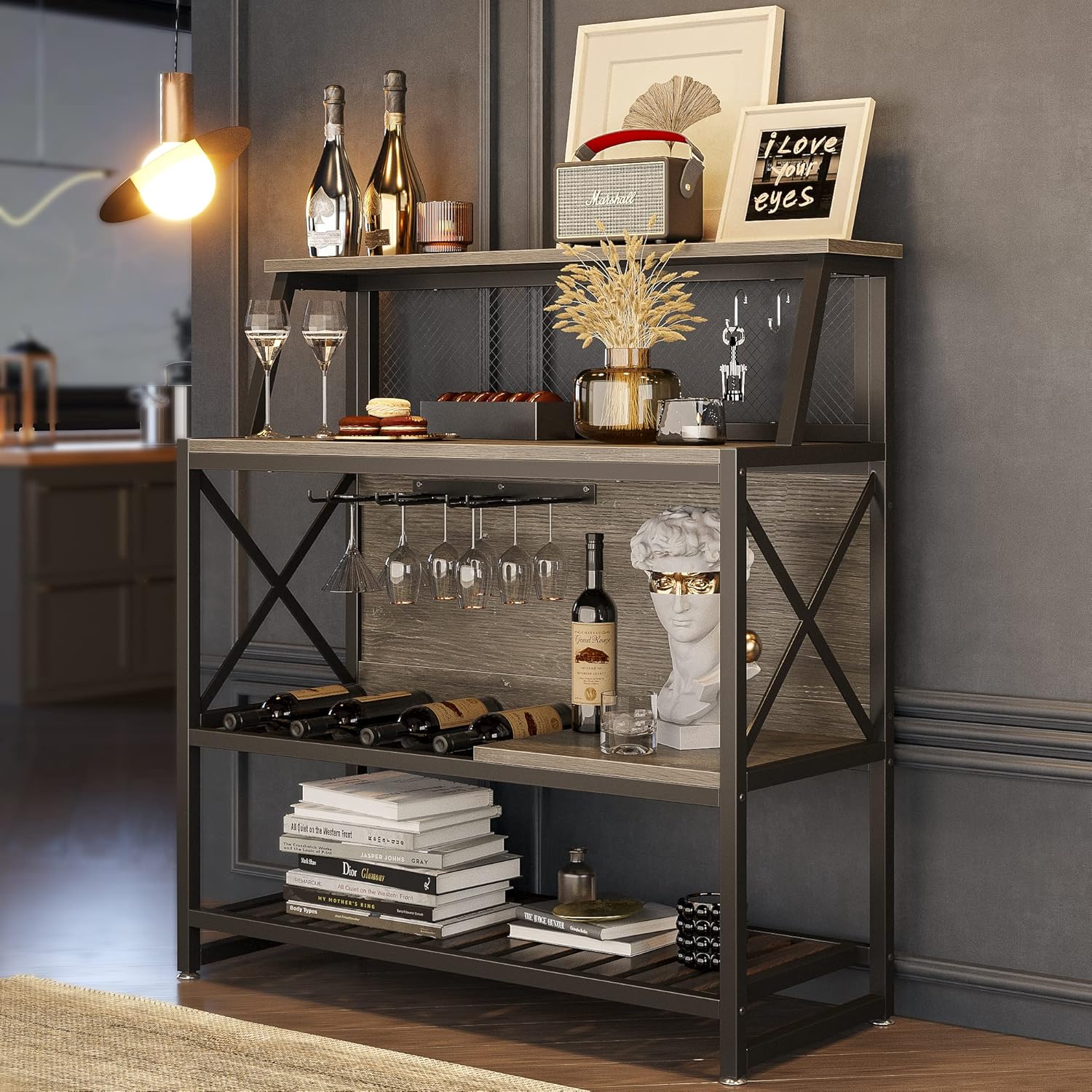 Bestier Freestanding Wine Rack Coffee Bar Table with Storage Gray